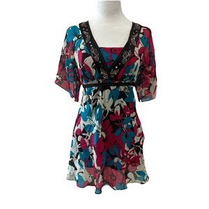 Monsoon Silk Top Blouse Tunic Babydoll Fairy Y2K Sz. 4 Empire Floral Embroidered